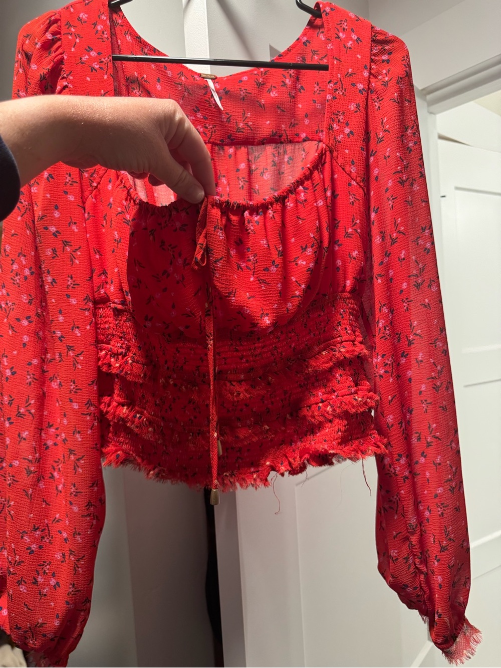 Free People Red Floral Smocked Peasant Top